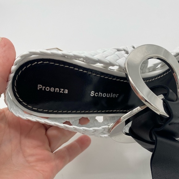 Proenza Schouler Woven Leather Mules Pointed Toe Silver Heel Black Bow - Picture 4 of 9